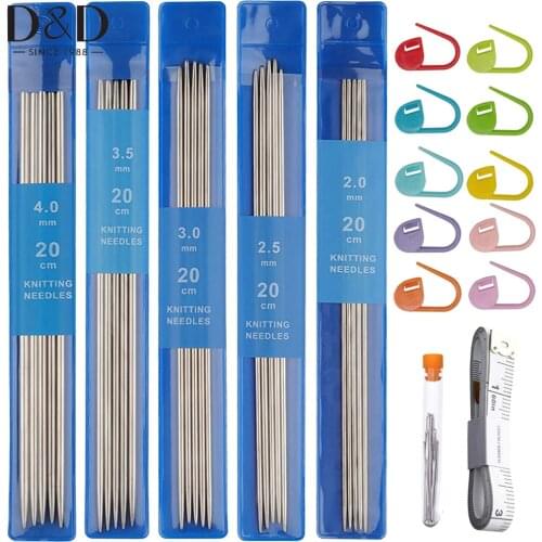 20cm Straight Knitting Stainless Steel Needles Kit 2.0mm-4.0mm With Locking Stitch Makers Large-eye Blunt Needles Measure Tape