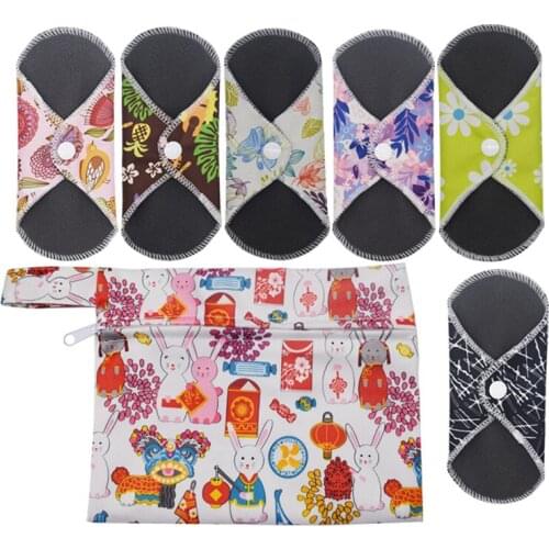 6PCS in one bag Bamboo Cotton Mama Reusable Menstrual Cloth Sanitary Pads Napkin Waterproof Regular Flow Women Feminine Hygiene