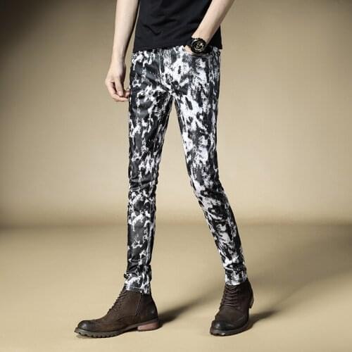 Free Shipping New 2019 mens male Autumn jeans slim pants Korean black and white printing inkjet street fashion casual trousers