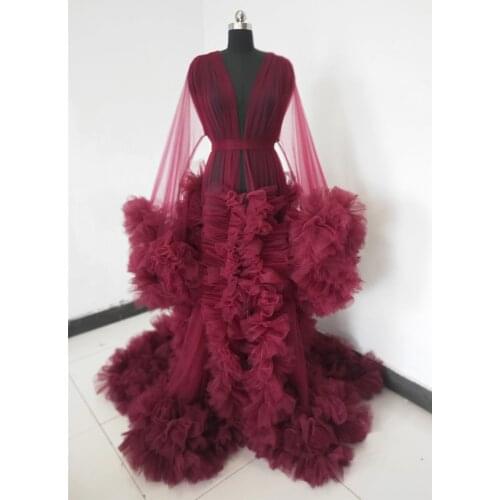 Burgundy Prom Dresses Fluffy African Pregnant Women Tulle Robe 2021 Long Sleeve Ruffles Maternity Dresses For Photo Shoot