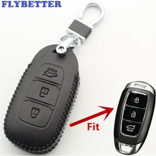 FLYBETTER Genuine Leather 3Button Smart Key Case Cover For Hyundai Santa Fe TM/Solaris/Azera/Elantra/Grandeur/Accent L142