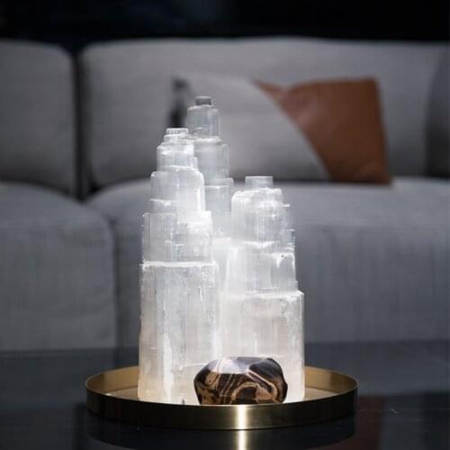 Cylindrical Tower Natural Gypsum Spar Sculpture Modern Moroccan Crystal Ore Ornaments Figurine Craft Home Decor Accessories Gift