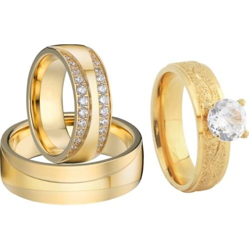 Lovers 3pcs Promise Engagement Wedding Rings set for Men and Women Gold Color Marriage Anniversary Bridal Couple Ring