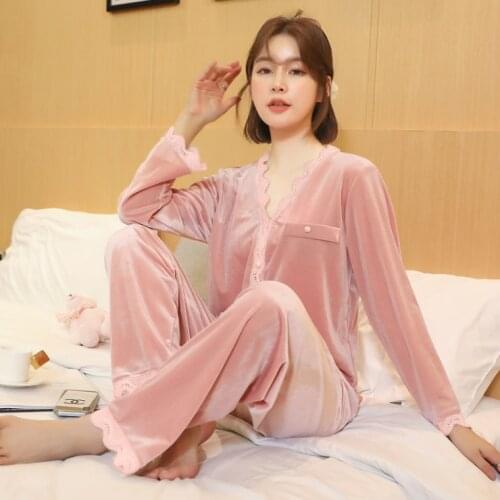 Autumn Pleuche Pajamas Set Long Sleeve Sleepwear Pajamas Suit Female Sleep Two Piece Set V-Neck Loungewear Plus Size