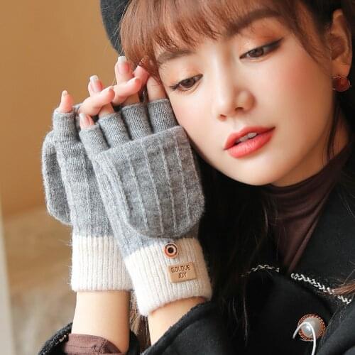 Autumn and Winter Knitted Alpaca Gloves Ladies Outdoor Windproof Warmth Fingerless Can Flip Wild Wool Gloves