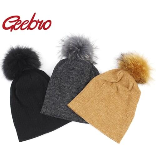 Geebro Women Winter Cotton Ribbed Beanies with 15cm Real Raccoon Fur pompom Autumn Slouchy Ladies Stretch Striped Skullies Hat