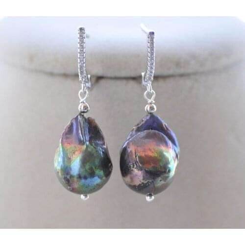 P7688 18mm Peacock-Black Baroque Keshi Pearl Dangle Earring CZ