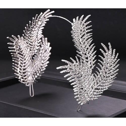 FORSEVEN Shining Feather Shape Crystal Tiaras Crowns Headpieces Hair Hoop Women Bride Noiva Wedding Hair Jewelry Decoration