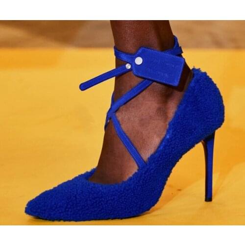 New Blue Red White Green Pink Fur Cross Lace Up Shallow Pumps Woman Pointed Toe Button Nail 10 cm Thin Heels Party Pumps Shoes