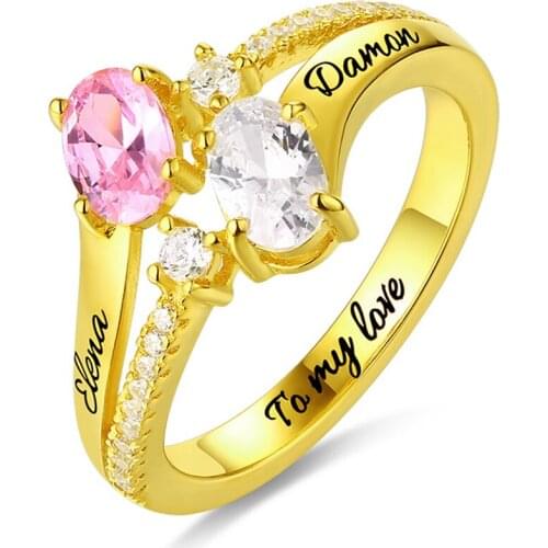 Uonney Dropshipping Engraved Double Oval Birthstones Ring Promise Ring Customized Jewelry Engraving Name Mothers Day Gift