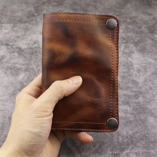 Retro fashion handmade vertical mens multicard wallet natural genuine leather vegetable tanned leather folds ladies card holder