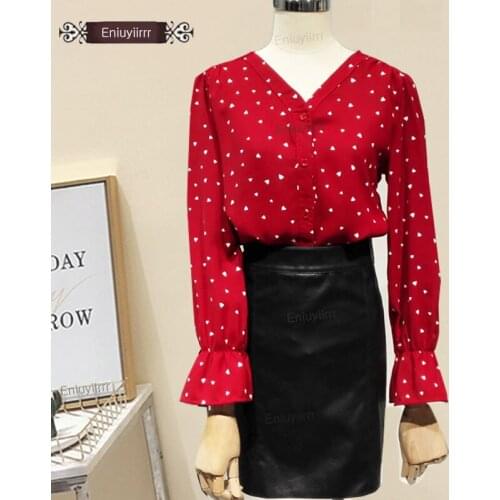 2020 Women Flare Sleeve Korean Style Preppy Girls V Neck Love Dot Tops Button Shirts Blouses Red Black E721
