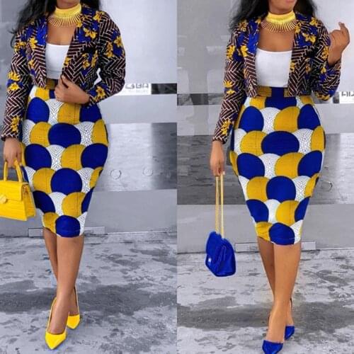 Long Sleeve Elegant Office Lady Fashion Work Wear Sexy African Suits Women Two Pieces Set Printed Short Blazer and Pencil Skirts