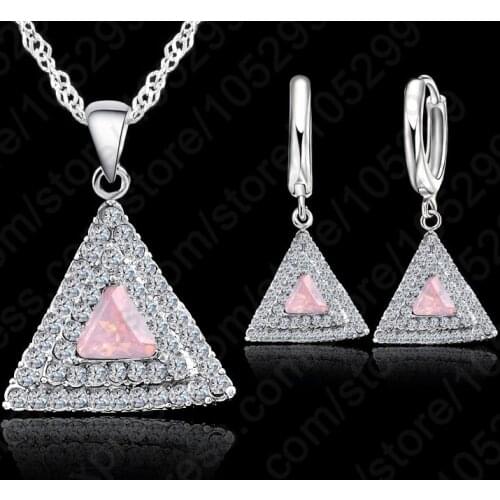 Top Selling 925 Sterling Silver Jewelry 18 Inches Chain Triangle Pendant Necklace/ Drop Earring CZ Set For Women Wedding Gift