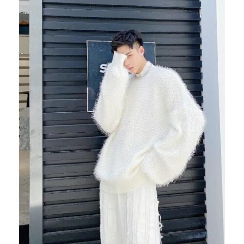 2021 New Long Hair Thick Loose Casual Pullover Sweater Male Women Couple Streetwear Vintage Fashion Black White Knitted Sweater