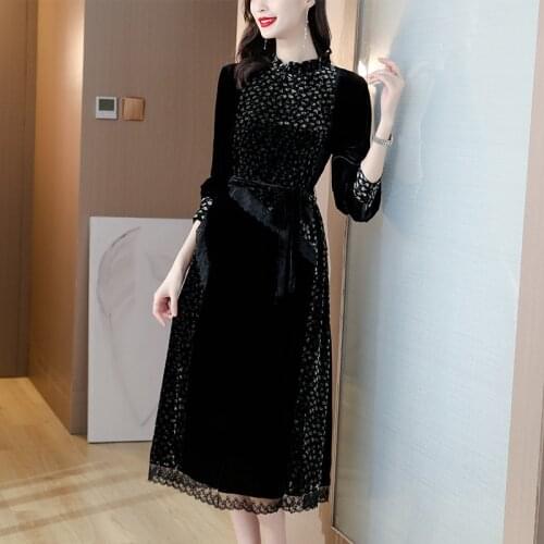 2021 Black Print Velvet Bodycon Midi Dress Autumn Spring Korean Vintage Patchwork Dress Women Elegant Office Lady Party Vestidos