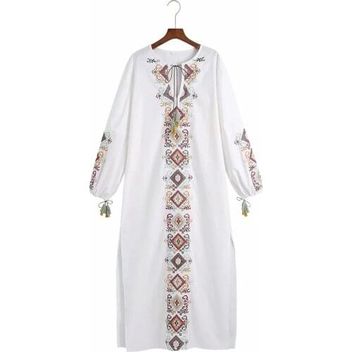 Dresses Women Embroidery Drawstring Loose Long Dress Spring Summer Long Sleeve Casual Vintage Female Vestidos Mujer 2021