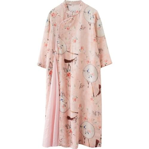 Vintage Women Long Plus Size Dresses Linen Cheongsam Dress Chinese Traditional Printed Ladies Qipao Vestidos De Fiesta Z059