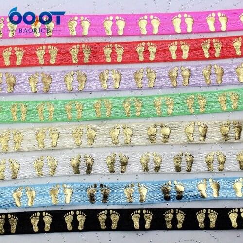 16mm,10 yards Hot Gold footprint Elastic Foldover Elastics Stretch Hair Ties Headbands for Baby Girls Hair BowE-E-20425-755