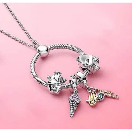 2020 New 100% 925 Sterling Silver 1:1 Spring Ice Cream Cactus Backpack Hand Letter O Pendant Necklace Female