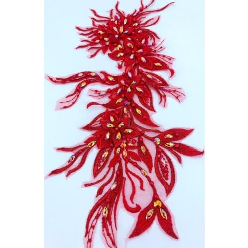 45 * 20cm handmade red rhinestone lace applique sewn on a slim patch dress DIY clothing / skirt accessories