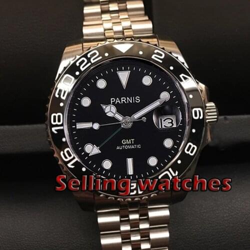 40mm PARNIS black dial Ceramic bezel Jubilee Bracele Sapphire crystal date Green GMT automatic mens watch Mechanical watches