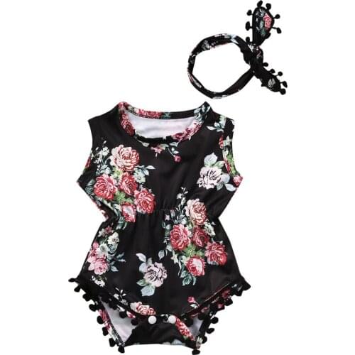 Newborn Baby Girl Romper Floral Bodysuit Sunsuit Sleeveless Headband Summer Clothes Outfits Casual Sunsuit Tracksuit 0-24M