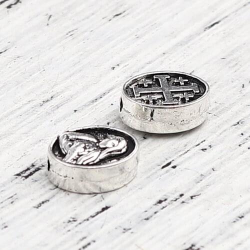 DoreenBeads 100 PCs Handmade Metal Religious Spacer Beads DIY Jewelry Oval Antique Silver Color Cross Vintage Gifts 9mm x 7mm