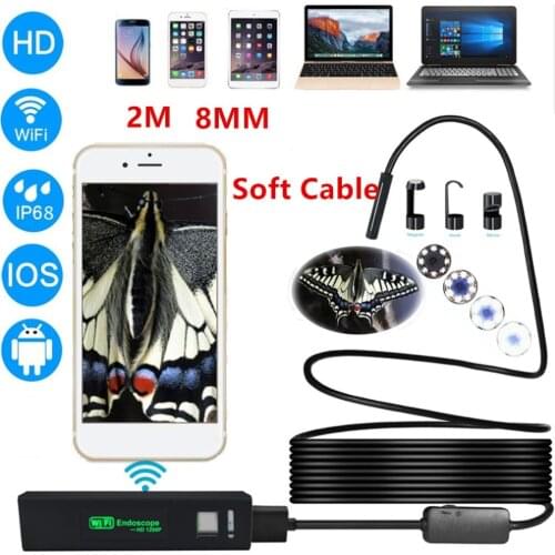 2M 8mm Lens HD 1200P Wireless WiFi Endoscope Mini Waterproof Soft Cable Inspection Camera 8LED Borescope for IOS and Android PC