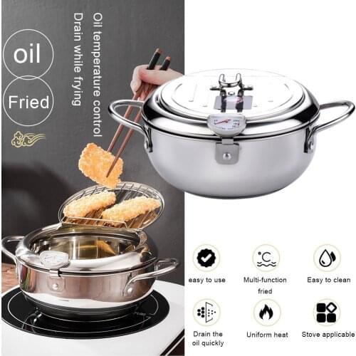 Japanese Deep Frying Pot Stainless Steel Fryer With Thermmeter And Lid Stainless Steel Kitchen Tempura Fryer Pan Kitchen Cooker