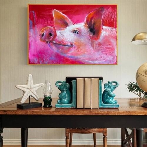 Cute Pink Pig Animal Canvas Paintings Modern Oil Paintings Painted Lovely Pig Wall Picture for Child Bedroom Nursery Cuadros