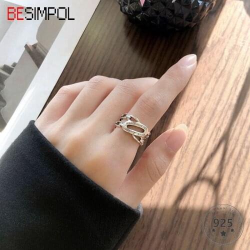 Besimpol Real 925 Sterling Silver Letter Rings Hollow Chain Good Luck Letter Ring for Women Fashion Luxury Fine Jewelry Gifts