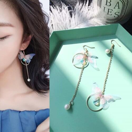Korean Cute Butterfly Bow Pearl Metal Hoop Chain Asymmetrical Pendant Drop Earrings for Women Girls Teens 2021 Trend New Arrival