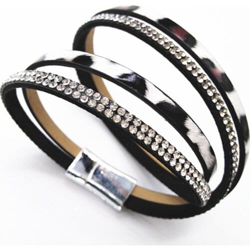 Leopard Rhinestone Multilayer Handmade Leather Bracelets Women Fashion Girl Cuff Bangle Female Jewelry New Design Geometric