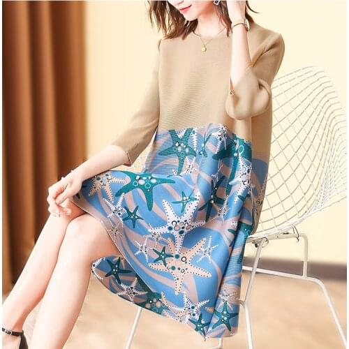 HOT SELLING Fashion New the womens pleated top Starfish printing bead color matching three quarter long T-shirt IN STOCK