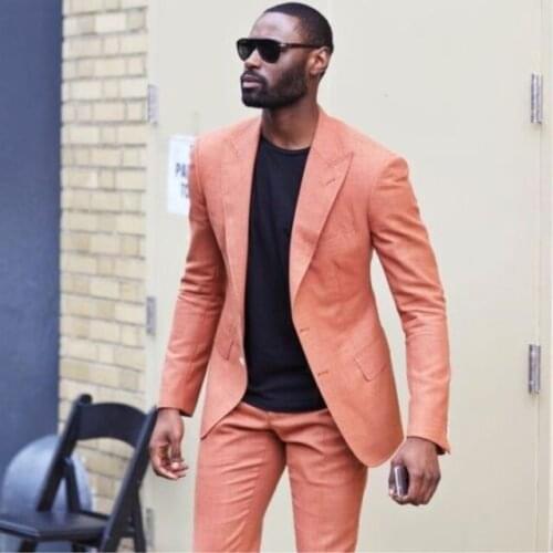 2019 Latest Designs Peaked Lapel Two Buttons Men Suits Custome Homme Peach Wedding Tuxedos Beach Blazer Slim Fit (Jacket+Pants)