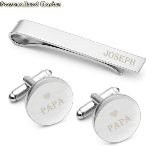 Personalized Master Custom Name Symbol Cufflinks Stainless Steel Cufflinks Tie Clip Bar Set for Mens Shirt Business Wedding Gift