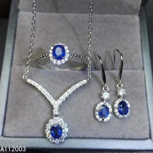 KJJEAXCMY Fine Jewelry 925 sterling silver inlaid natural sapphire female ring pendant earring set trendy supports test