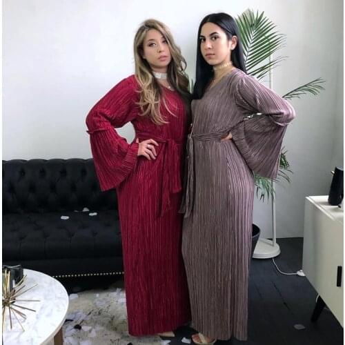 New Abaya Dubai Pleated Flare Sleeve Maxi Dress For Muslim Women Fashion Islamic Clothing Turkey Kaftan Caftan Arabic Robe Gown