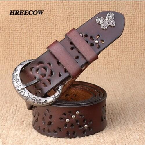 Women Belt Genuine Leather Bow Luxury Strap Female Hollow Out Rivet Belts For Women Pin Buckle Good Quality Cintos Masculinos