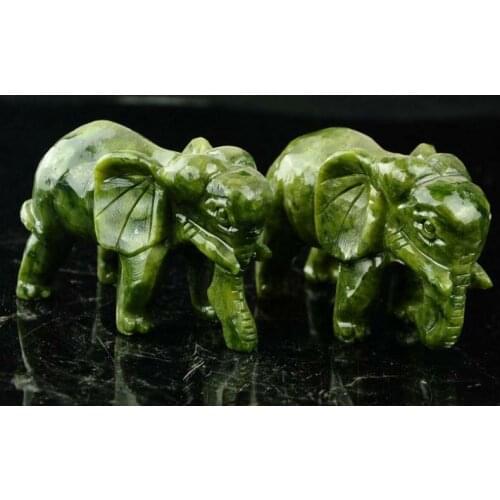 Collectable Exquisite Chinese Natural Green Jade Carving Animal Elephants Longevity Auspicious Statue A Pair