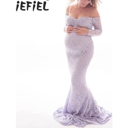 Maternity Sexy Lace Off Shoulde Dresses For Photo Shoot Mermaid Maxi Gown Women Pregnant Photography Props Long Pregnancy Dress