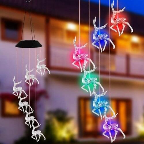 LED Solar Wind Chime Lamp Little Fawn Color Changing Windbell Pendant Light Waterproof Outdoor Hanging Light for Garden Decor