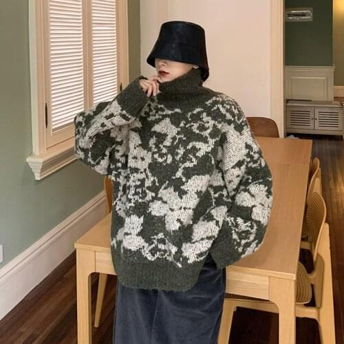 Turtleneck Sweater Women Lazy Oaf Vintage Sweater 2020 Winter Thick Warm Jumpers High Neck Flowers Jacquard Thick Loose Pullover