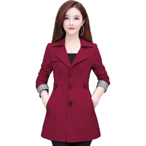 Womens Trench Coat Suit Collar Single-breasted Slim Korean Spring Autumn Coats Outerwear Plus Size 5XL Mid-length Windbreaker