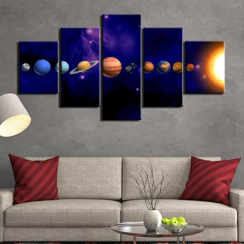 Awesome Solar System Poster Planets 5 Piece Canvas Picture Print Wall Art Canvas Painting Wall Decor for Living Room Framed