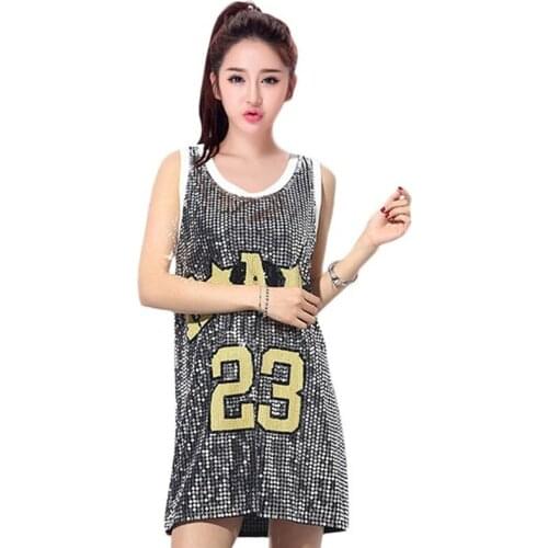 New Women Long T Shirt Casual Sequin Jazz Dance Costume Modern Dance Performance Costume Hip Hop DS Performance Show Mini Dress