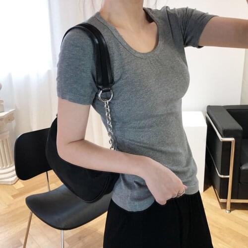 876 Women T-Shirt Short Summer Knitted New Fashion Casual Thin U-Neck Elegant Solid Black Slim Elastic Soft Comfortable Tops Tee