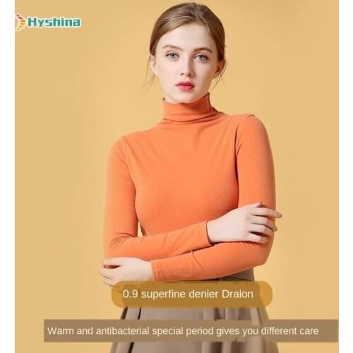 Womens Winter Bottoming T-shirt Puffed De Velvet Antibacterial Solid T-shirt with Mid Neck and Long Sleeve Top
