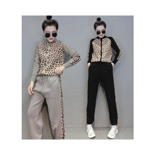 Amolapha Women Leopard Print Knit Cardigans + Skinny Pants Sets Casual Knitted Jacket Trousers Tracksuits